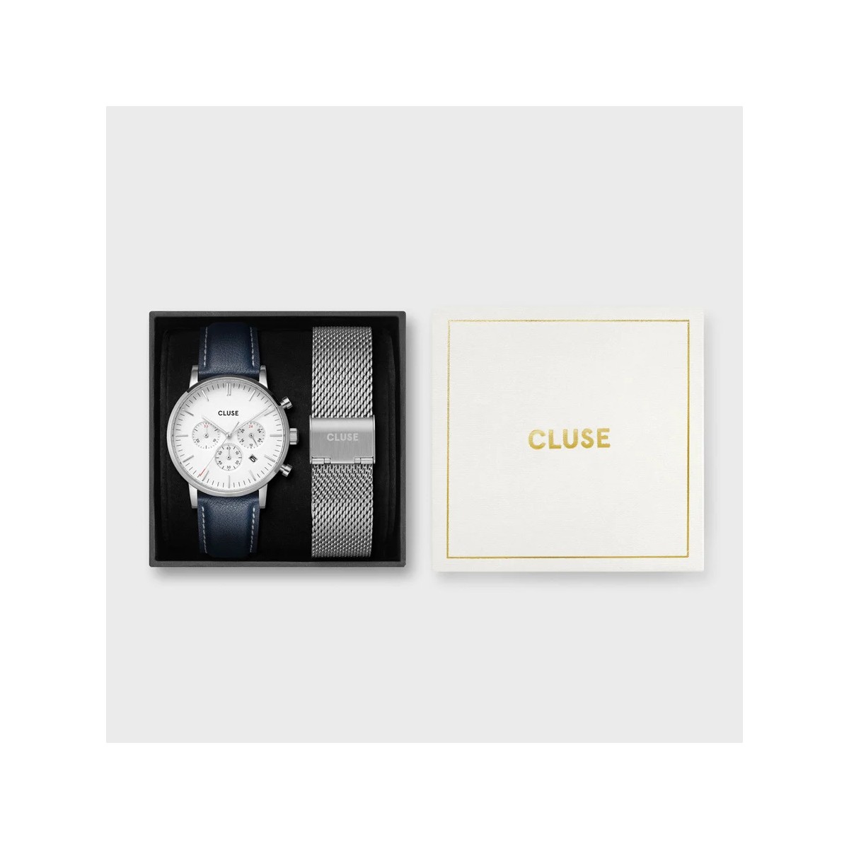Reloj de hombre CLUSE Gift Box, Aravis Chrono, Silver Colour, Mesh Band and Navy Blue Leather Strap CG21004